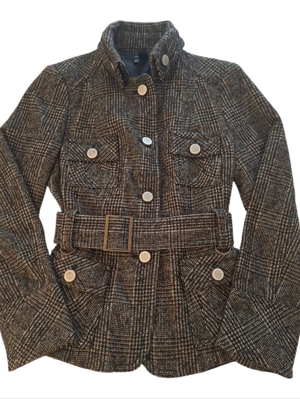 Zara Houndstooth Plaid Military Wool Blend Black/White Womens Coat Size: L